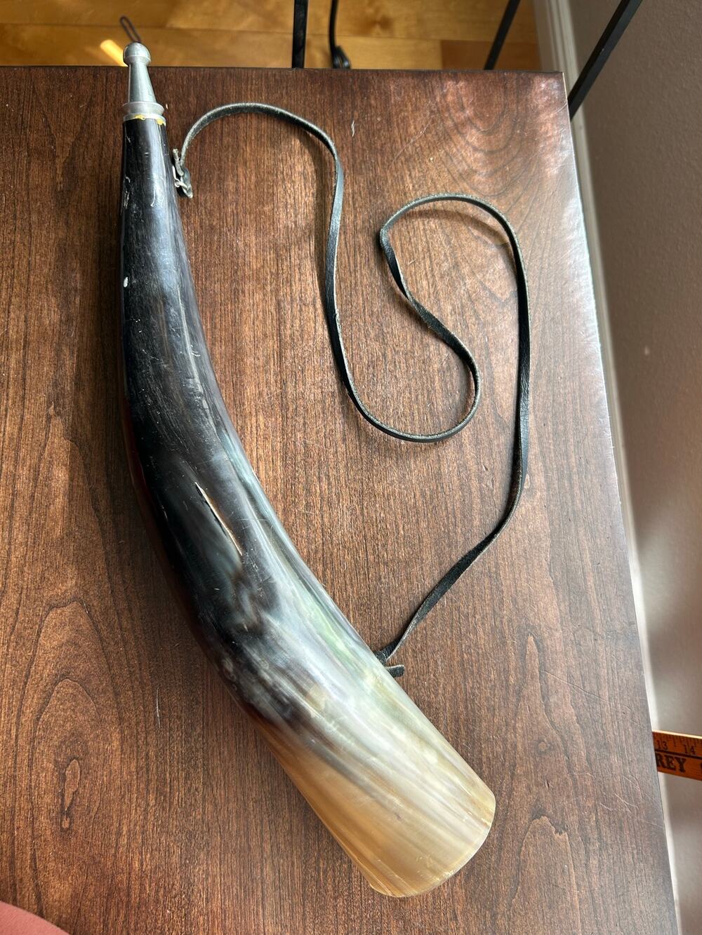 Traditional powder horn made from genuine animal horn 18” w/ leather strap